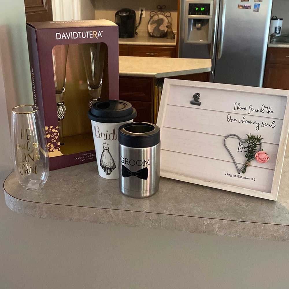 Bride Groom wedding items: flutes, cups, picture frame 💍💞